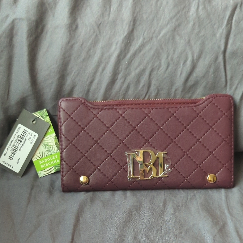 Badgley Mischka Quilted Long Card Wallet, Plum